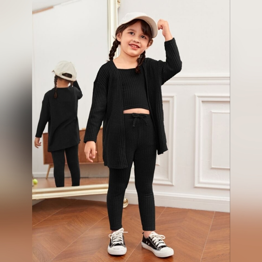 SHEIN Kids Toddler Girls Drop Shoulder Waffle Knit Coat & Cami Top & Leggings